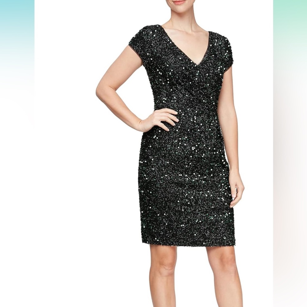 V-Neck Black Sequin Cap-Sleeve Cocktail Dress